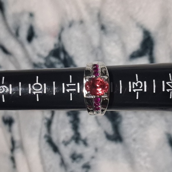 Men's Salmon Quartz & Ruby CZ Stainless Steel Ring - Picture 11 of 14